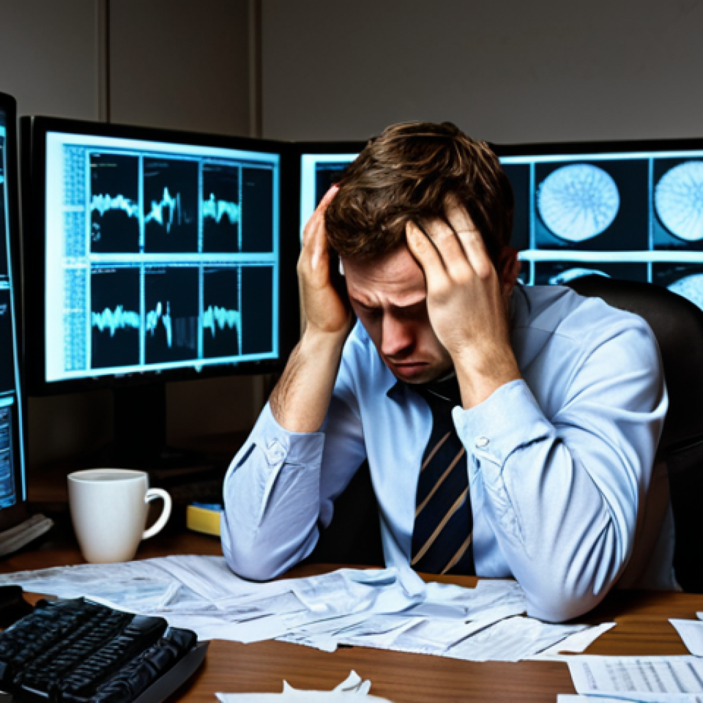 **Burnout Symptoms:** A stressed IT specialist in a dimly lit office, surrounded by computer screens displaying lines of code. He's rubbing his temples, looking exhausted. Empty coffee cups and scattered papers litter his desk. The overall mood is one of overwhelming pressure and fatigue.