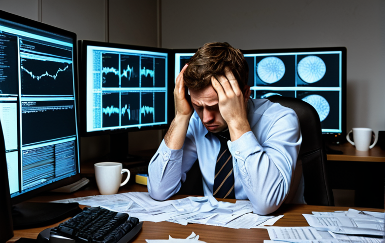 **Burnout Symptoms:** A stressed IT specialist in a dimly lit office, surrounded by computer screens displaying lines of code. He's rubbing his temples, looking exhausted. Empty coffee cups and scattered papers litter his desk. The overall mood is one of overwhelming pressure and fatigue.
