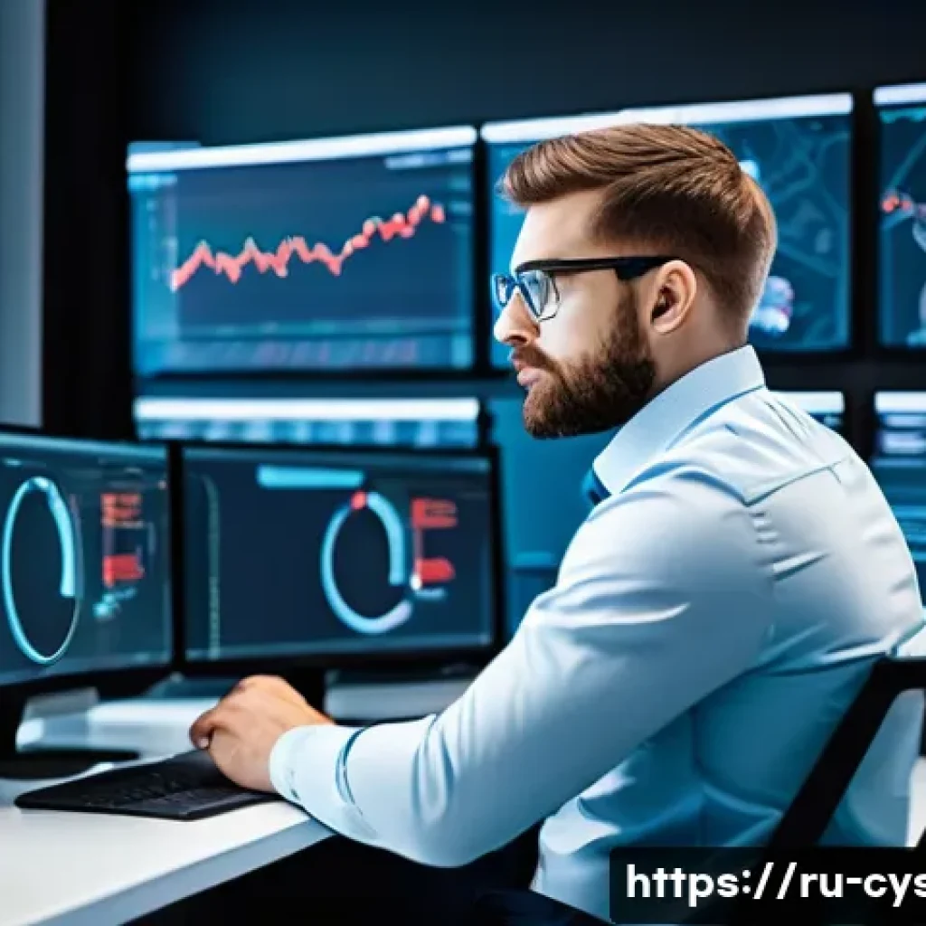 사이버보안 직업군별 연봉 비교 - A professional cybersecurity analyst in a modern office environment, surrounded by multiple computer...
