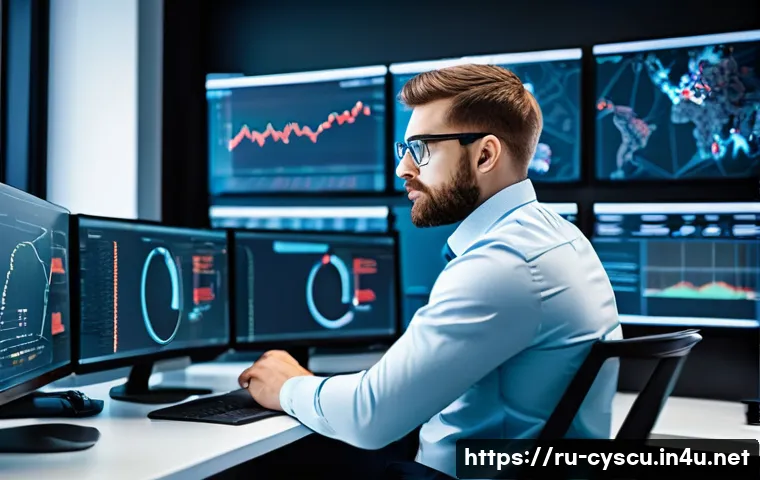 사이버보안 직업군별 연봉 비교 - A professional cybersecurity analyst in a modern office environment, surrounded by multiple computer...