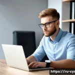 자격증 취득 후 활용 가능한 경력 관리 팁 - A professional home office scene featuring a confident young Russian businessperson sitting at a mod...