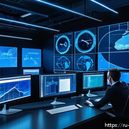 보안 시스템 설계와 구축 사례 - A high-tech cybersecurity operations center with diverse professionals monitoring multiple large dig...