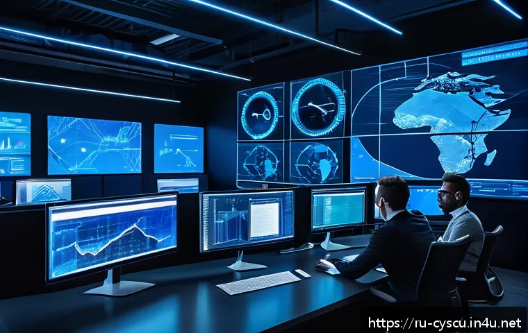 보안 시스템 설계와 구축 사례 - A high-tech cybersecurity operations center with diverse professionals monitoring multiple large dig...