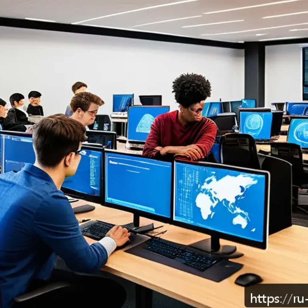 사이버보안에 특화된 대학원 선택 가이드 - A modern university classroom setting focused on cybersecurity education, featuring diverse adult st...