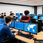 사이버보안에 특화된 대학원 선택 가이드 - A modern university classroom setting focused on cybersecurity education, featuring diverse adult st...