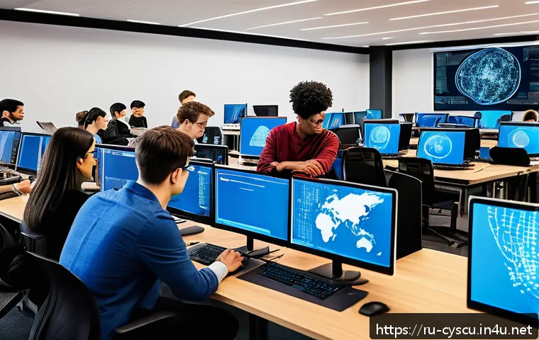 사이버보안에 특화된 대학원 선택 가이드 - A modern university classroom setting focused on cybersecurity education, featuring diverse adult st...