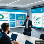 정보보호정책 수립과 평가 - A professional office scene depicting a diverse team of employees engaged in an interactive cybersec...