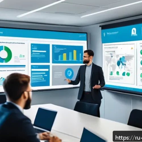정보보호정책 수립과 평가 - A professional office scene depicting a diverse team of employees engaged in an interactive cybersec...