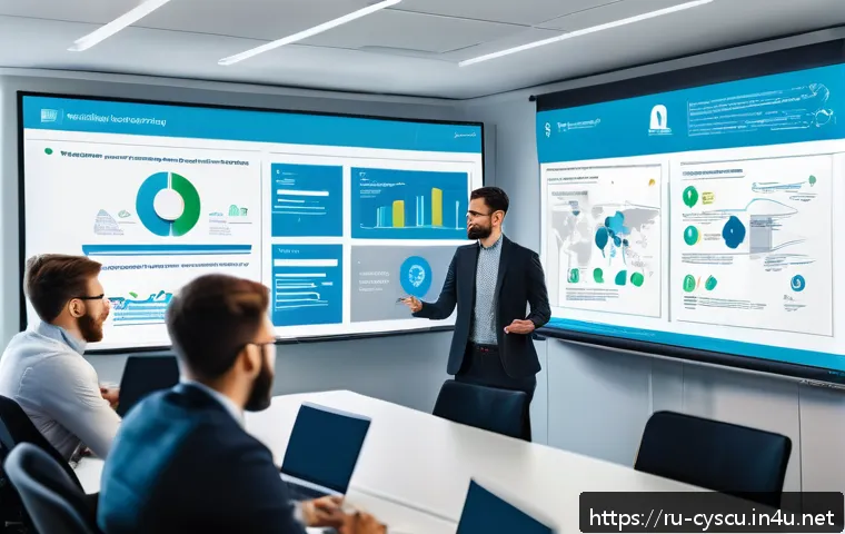 정보보호정책 수립과 평가 - A professional office scene depicting a diverse team of employees engaged in an interactive cybersec...